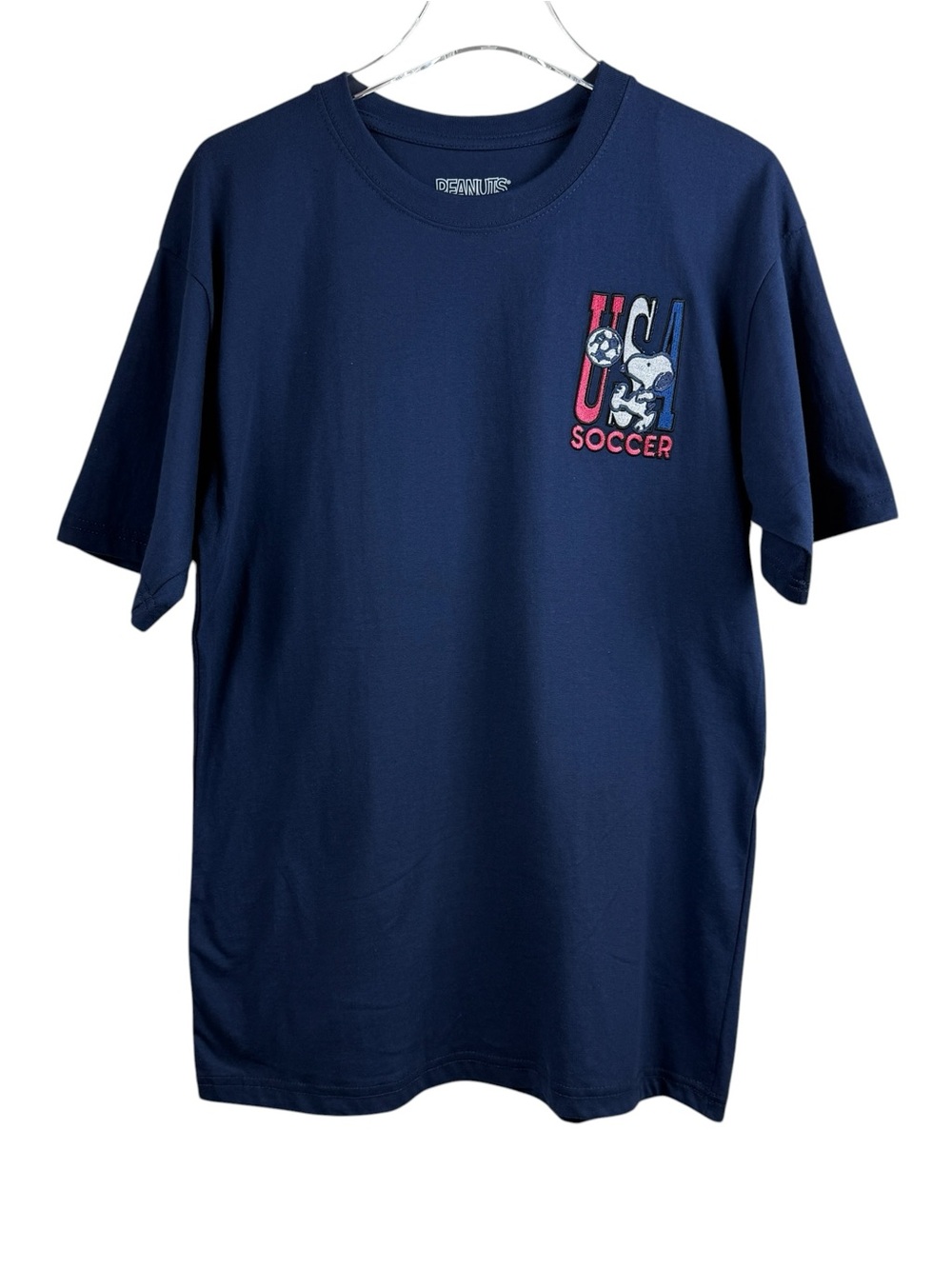 Peanuts Snoopy Soccer USA Double Sided Blue T-Shirt NWOT Men’s Size L